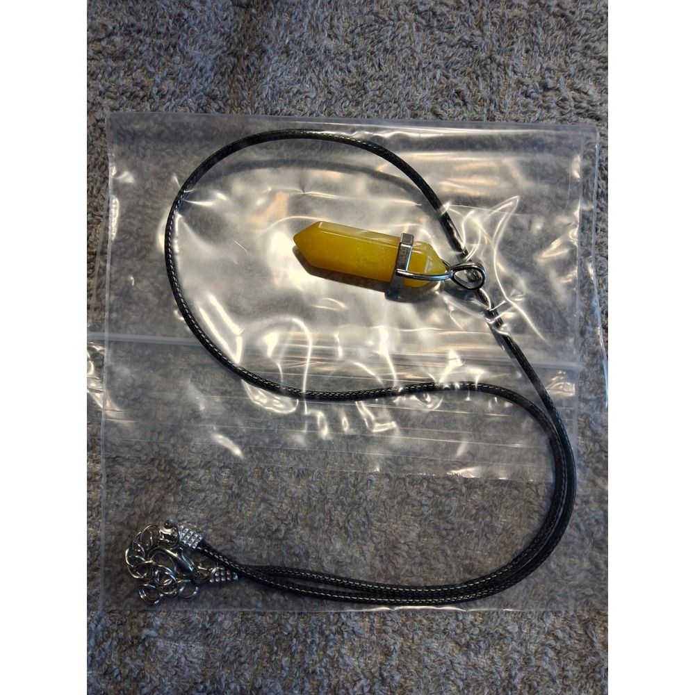 Yellow Quartz Crystal Point Pendant Necklace Black Cord Hexagonal Stone Boho